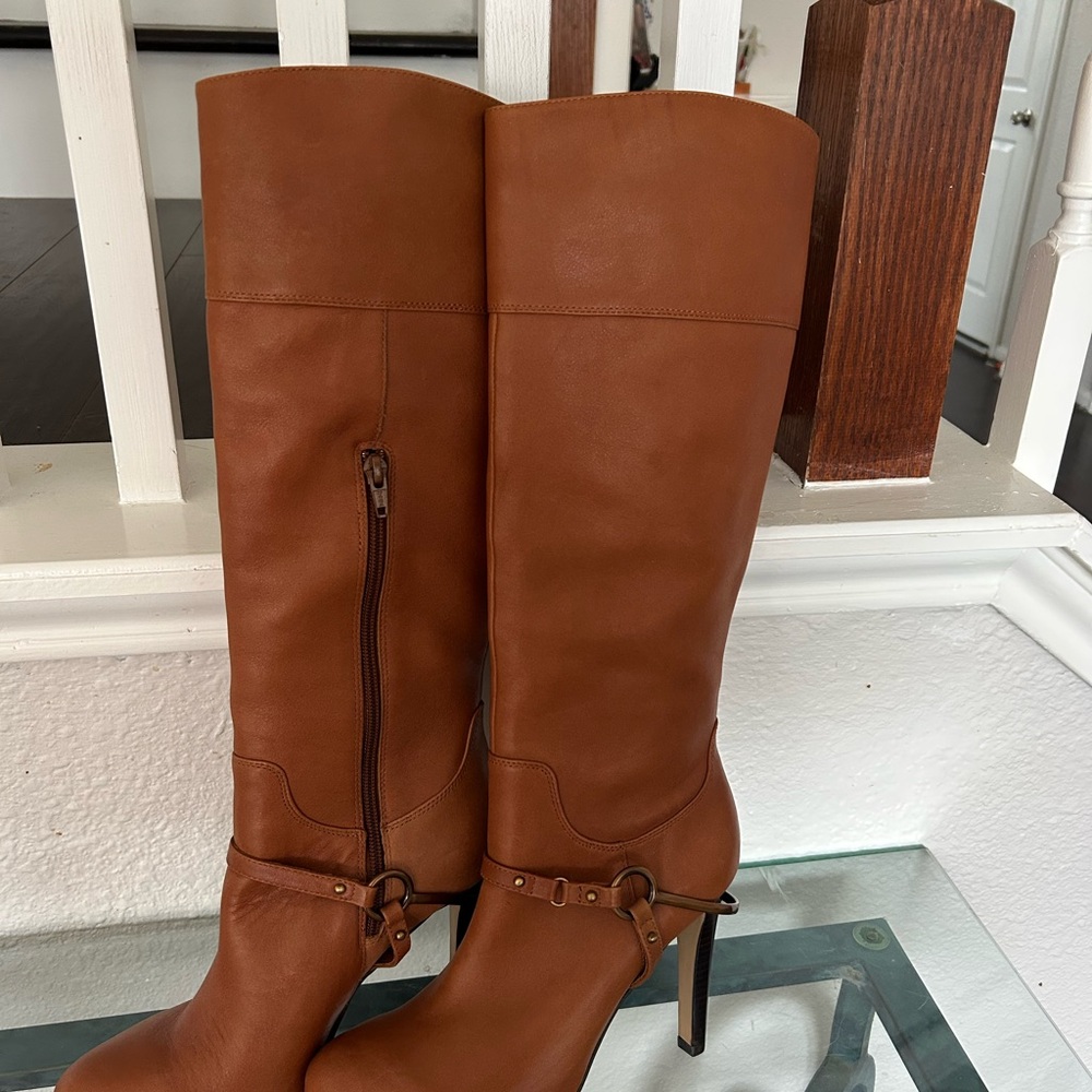 Isola Cognac Leather Knee-High Heeled Boots